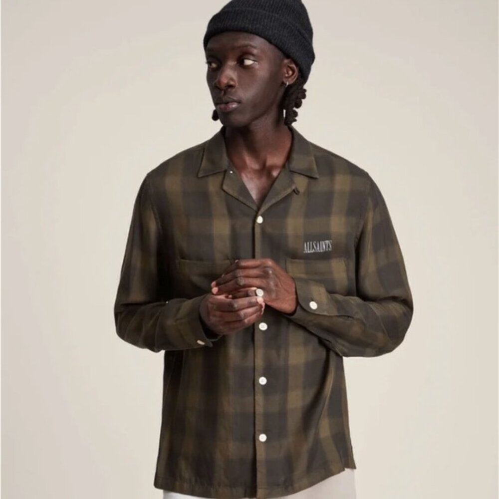 All Saints Mens Checker Shirt Button Up Long Sleeve Erieville logo woven green S